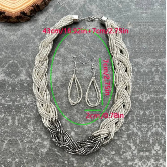 Boho Style Braided Pendant Necklace & Drop Hook Earrings Set‎ - Picture 4 of 7